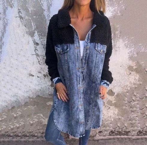 Damenbekleidung Herbst Denim Splicing Pelzmantel Hemd Lose Langarm Top Jeanshemd_voghion.com