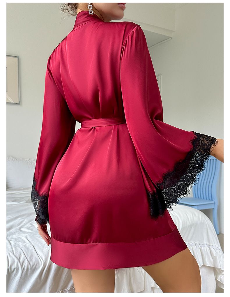 Europäische und amerikanische Cross Border Sexy Nachthemd Medium Bademantel Sexy Pyjamas Damen Langarm Damen Satin Home Kleidung Großhandel 735_voghion.com