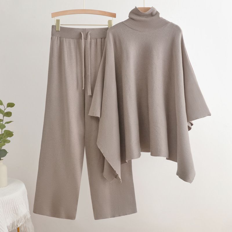 Damenbekleidung Herbst und Winter neuer zweiteiliger Anzug hoher Kragen Umhang einfarbig gestrickter Pullover elastische Taille Hose mit weitem Bein Temperamentanzug_voghion.com