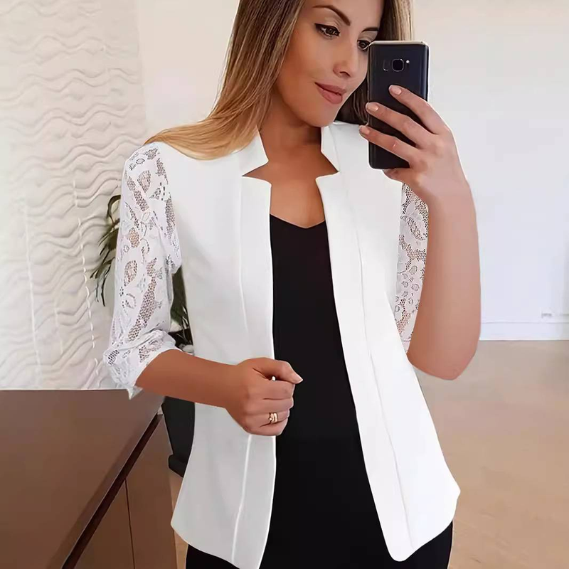 Women's Clothing solid color temperament lace mid sleeve small suit jacket professional casual versatile suit_voghion.com