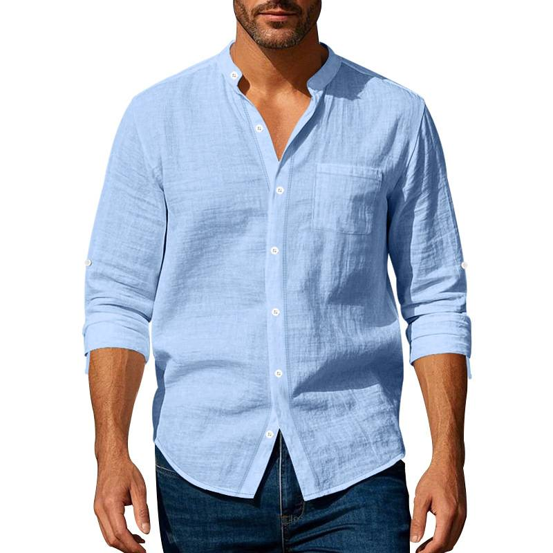 Camicia in lino monopetto a maniche lunghe con colletto alla coreana da uomo, colore puro, moda 2025, S-3XL_voghion.com