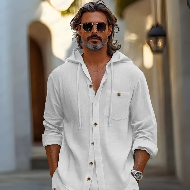 Completo da uomo con camicia con cappuccio e pantaloncini in lino - Misto cotone-lino traspirante (bianco/nero/kaki/azzurro, S-XXXL)_voghion.com