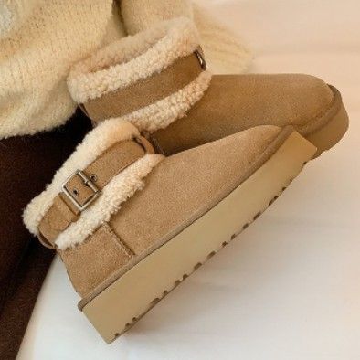 Botas de neve femininas ShoeGlobe Sheii Su Yinyin First Muse, cano curto, de lã e com sola grossa e quente._voghion.com