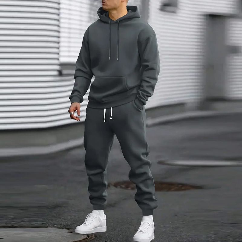 Conjunto esportivo casual masculino primavera outono, moletom com capuz e calça de cós liso_voghion.com