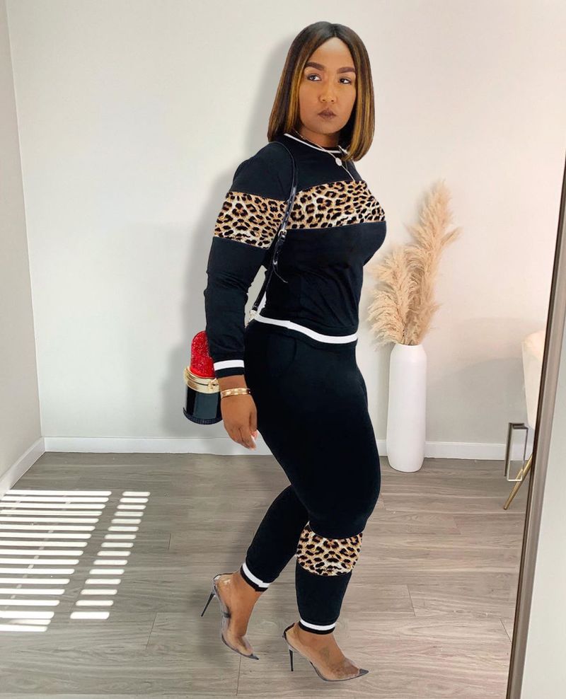 Costume pantalon imprimé léopard pour femmes, ensemble deux pièces à manches longues, mode européenne et américaine_voghion.com