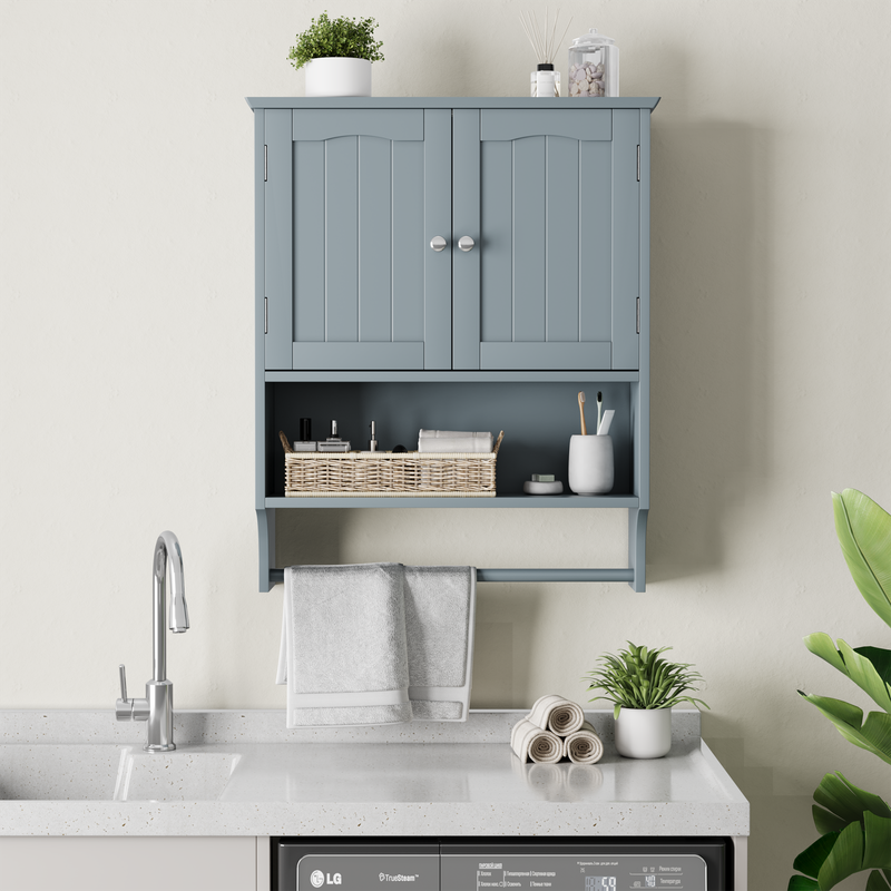 Armoire murale de salle de bain avec porte-serviettes, étagère de rangement à 2 portes avec étagères ouvertes, armoire à pharmacie murale pour toilettes pour organiser la salle de bain_voghion.com
