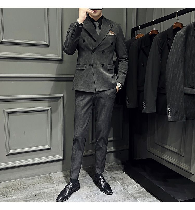 Heren zakelijke textuur gun collar, dubbelrijs slim fit pak driedelig, heren_voghion.com