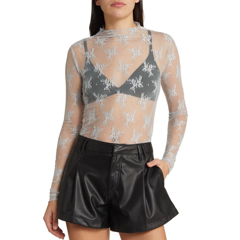 Lace Top With Semi-high Collar And See-through Mesh Base Layer; Sexy_voghion.com