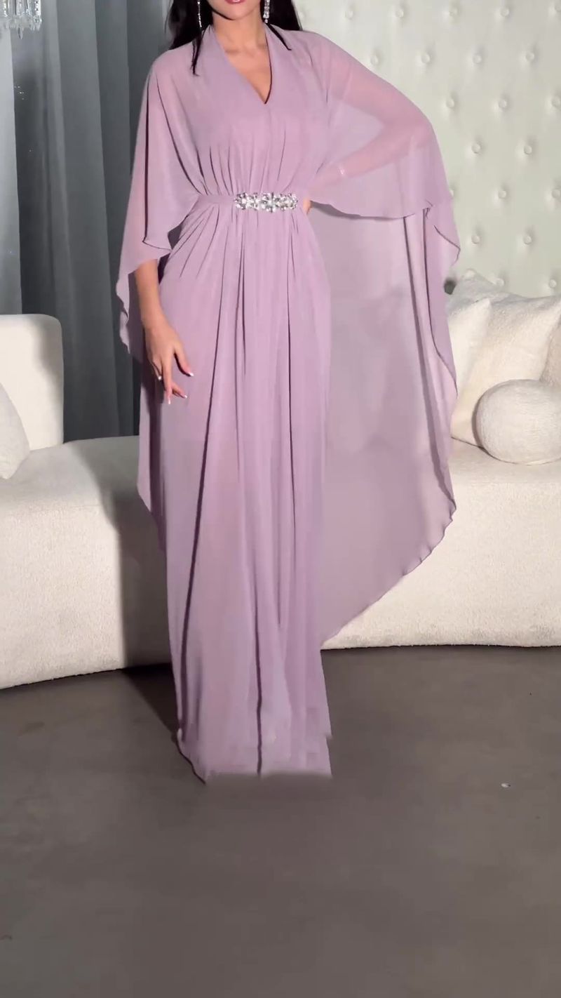 Solid Color Long Gown Slim V Neck Waist Temperament Dress_voghion.com