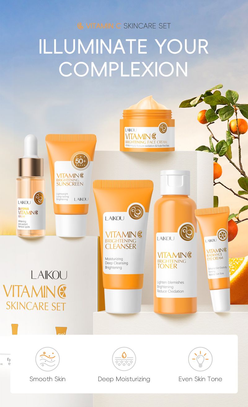 Seturi Produs nou LAIKOU Vitamina C Kit de îngrijire a pielii cu 6 piese Hidratare, hidratare și iluminare a culorii pielii_voghion.com