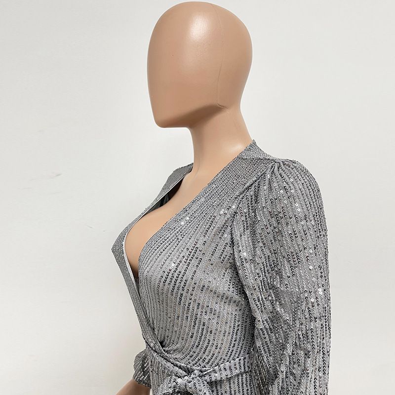 Damkläder Ins Style Deep V Mode Casual Jumpsuit Långärmat Bälte Paljett Jumpsuit Dam_voghion.com
