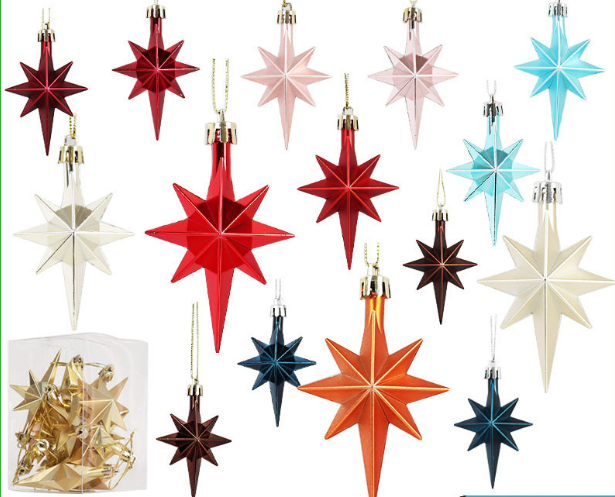 Farbiger Christbaumschmuck, galvanisierte Kunststoffverpackung, Christbaumschmuck mit achteckigem Stern, Requisiten für die Standortgestaltung_voghion.com