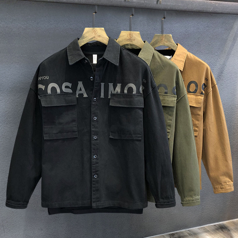 Vintage tung märke cargo skjorta herr vår och höst lös skjorta Amerikanska mäns fritidskläder_voghion.com