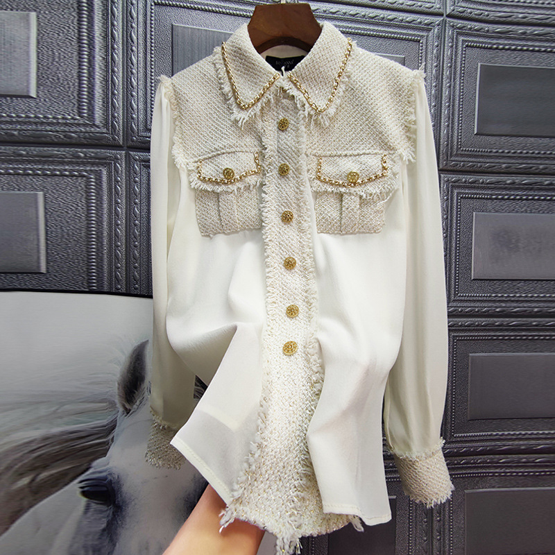 Abbigliamento da donna Camicia Catena Filo d'oro Tessuto Tweed Cappotto Top Patchwork Per Le Donne_voghion.com