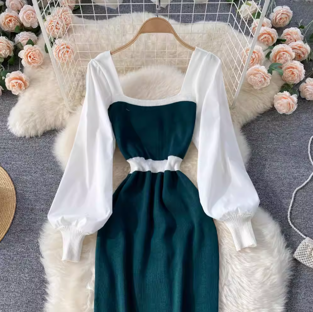 Abito da donna con colletto quadrato, bottoni, colore a contrasto, in maglia, vita sottile, manica a lanterna, fondo, fianchi, gonna_voghion.com