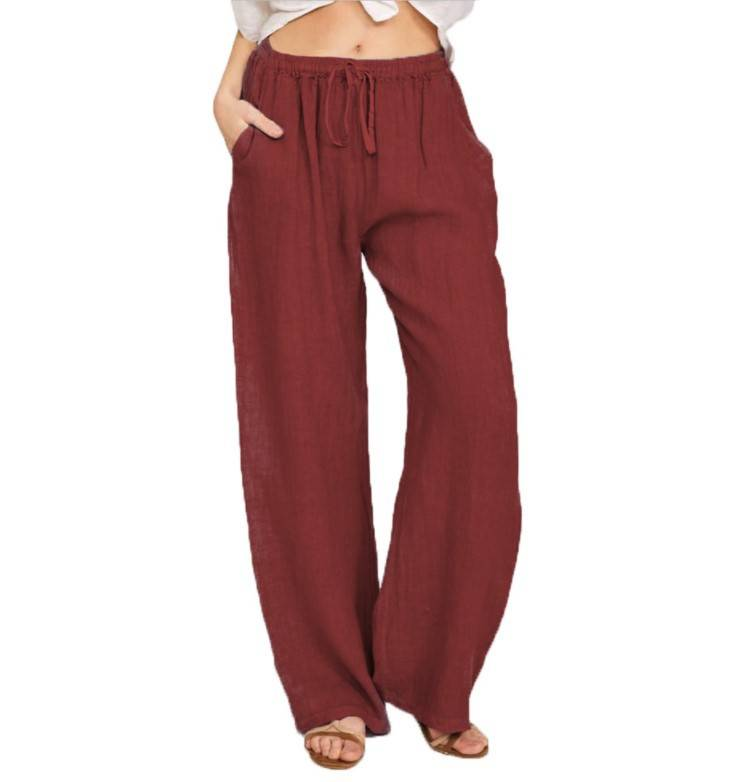 Women's Cotton Linen Pants Casual Loose Solid Elastic Waist Pocket Straight Trousers Ladies Oversize Wide Leg Pant Streetwear_voghion.com