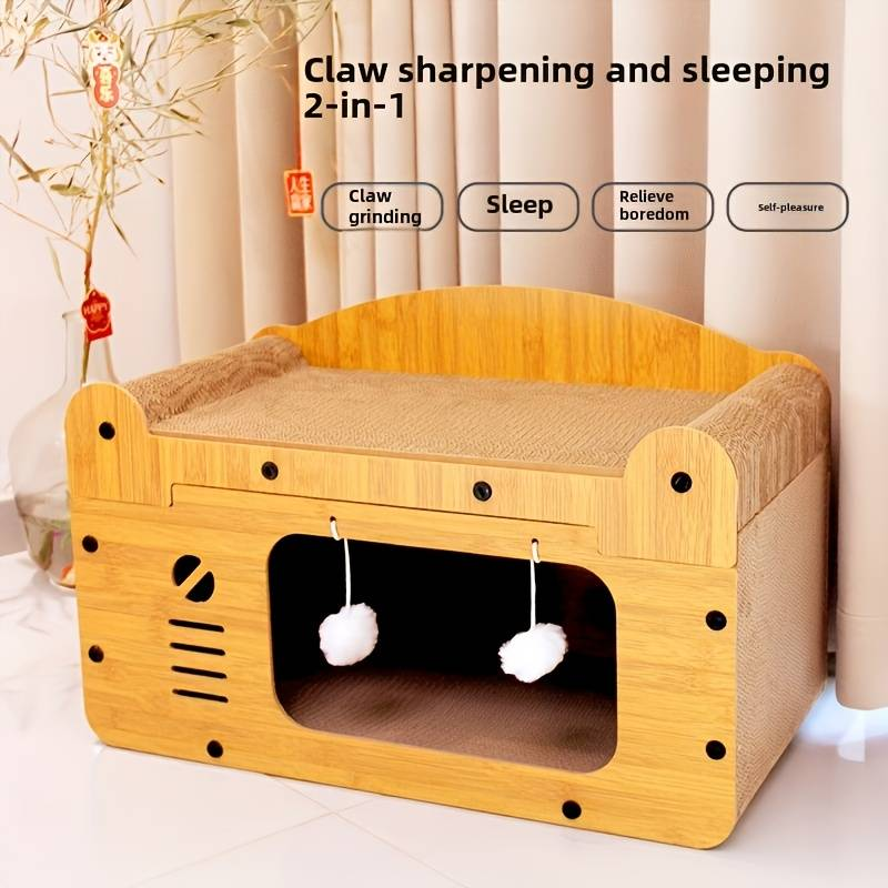 Domek dla kota, drapak dla kota, jaskinia dla kota z wiszącą piłką, duża przestrzeń, tekturowe legowisko dla kota, odpowiednie dla kotów do odpoczynku i drapania_voghion.com