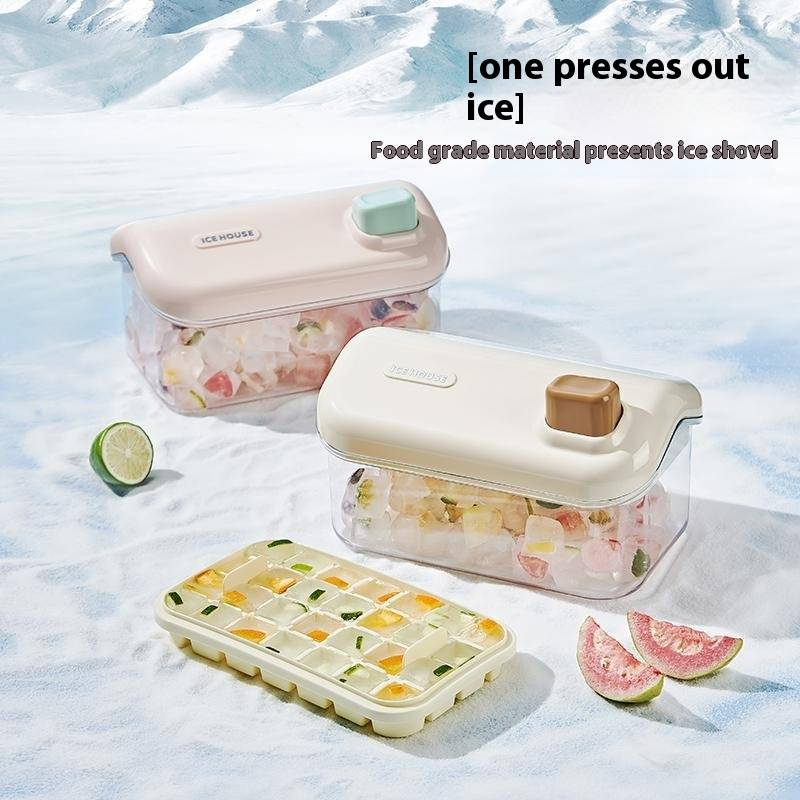 Doppelschichtige Eiswürfelschale mit Presse und Deckel, große Kapazität, lebensmittelechte Gefrierform, leicht zu lösende Eismaschine mit Schaufel für den Kühlschrank (2er-Pack)_voghion.com