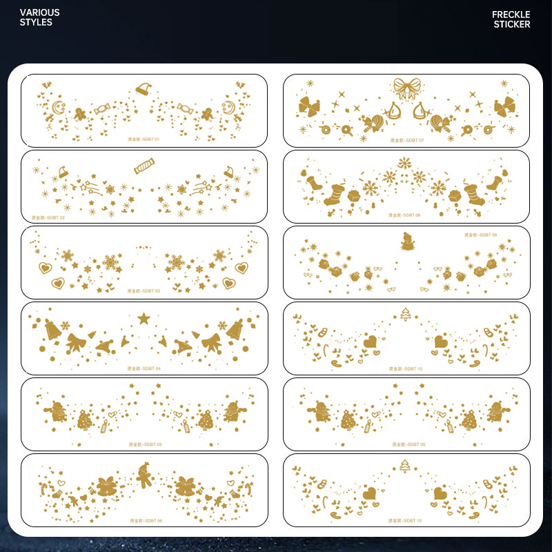 Tatuaggi adesivi natalizi con lentiggini color oro/argento: impermeabili, resistenti al sudore, temporanei per viso e corpo, perfetti per feste, trucco festivo e look per i social media._voghion.com