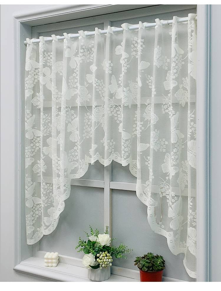 Nordic-Style White Lace Kitchen Curtain – Butterfly & Leaf Embroidery Polyester Door Drape (100x150cm/100x180cm)_voghion.com