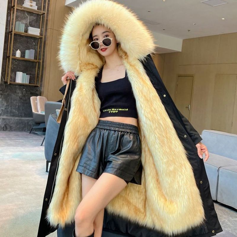 Parka invernale da donna con collo staccabile in pelliccia sintetica di volpe e fodera in visone, lunghezza lunga/regolare, capospalla elegante e caldo._voghion.com