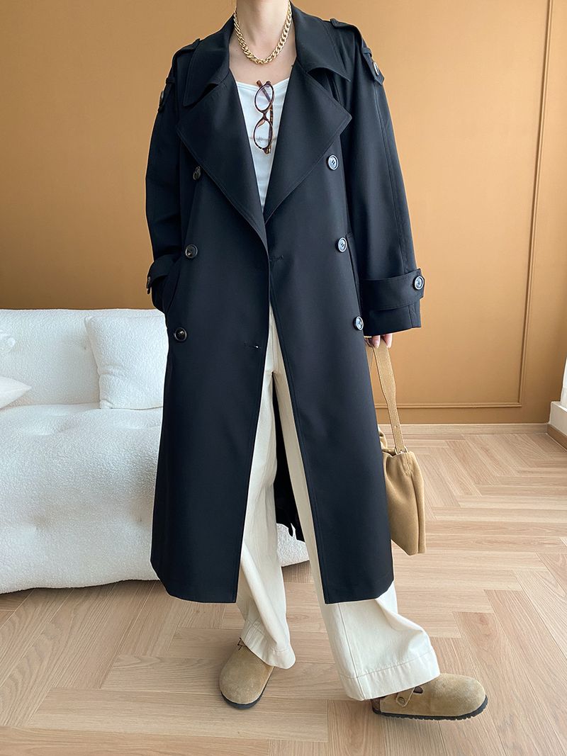 Trench lungo doppiopetto minimalista di lusso da donna, antipiega, per autunno inverno_voghion.com