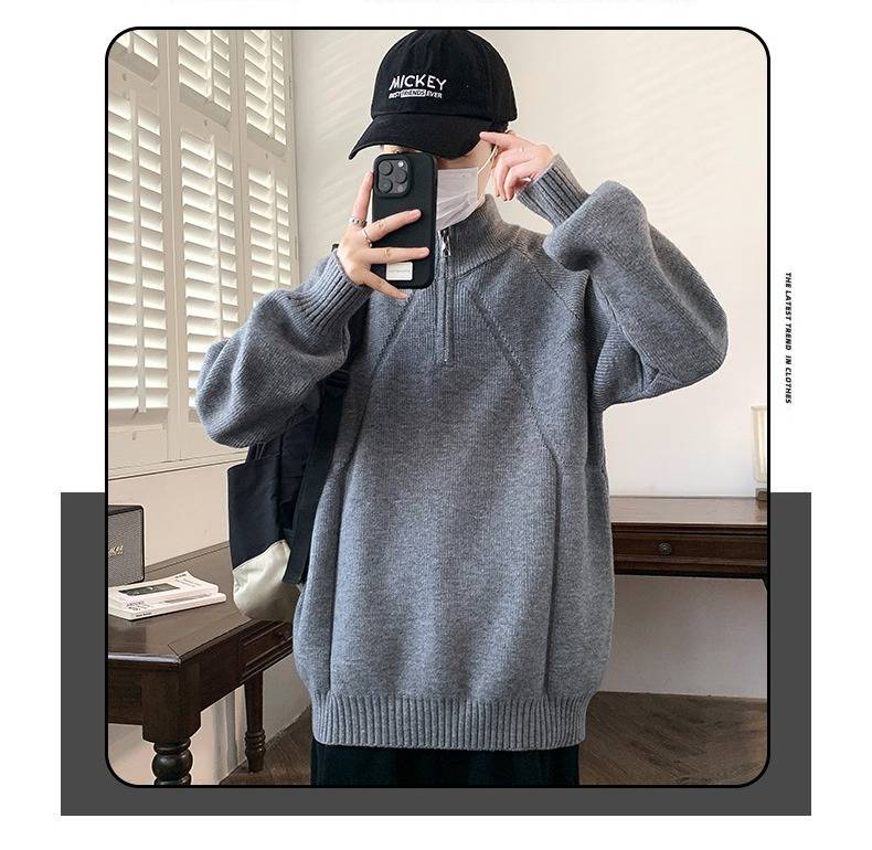 Men's Half-Turtleneck Zip-Up Sweater, Winter Knit Pullover With Stylish Design, Soft Comfortable Loose Fit Casual Wear Pure Color Stretchable Fabric_voghion.com