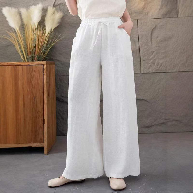 Suitable For All Seasons Zen Elastic Waist Drawstring Tie Linen Casual Loose Slimming Versatile Wide-leg Long Pants For Women_voghion.com