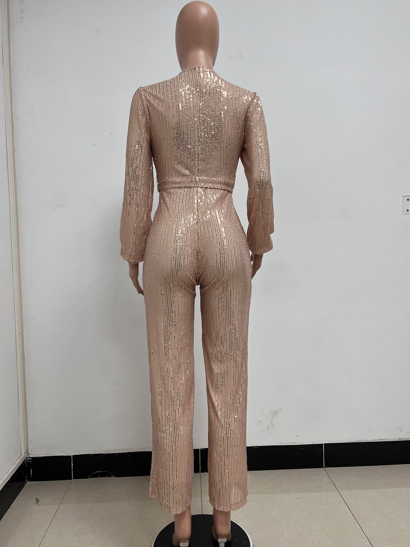 Damkläder Ins Style Deep V Mode Casual Jumpsuit Långärmat Bälte Paljett Jumpsuit Dam_voghion.com