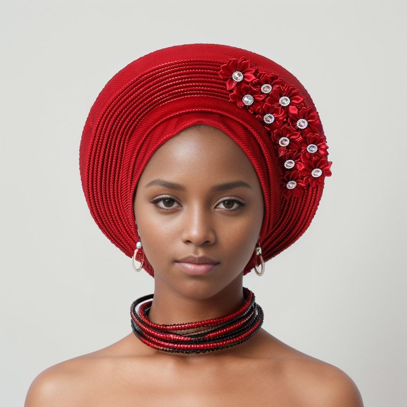 Elegante copricapo a strati in pizzo decorato per matrimoni e feste - Fascia per la testa in gele regolabile in più colori Cappello Baotou Aoto Gele_voghion.com