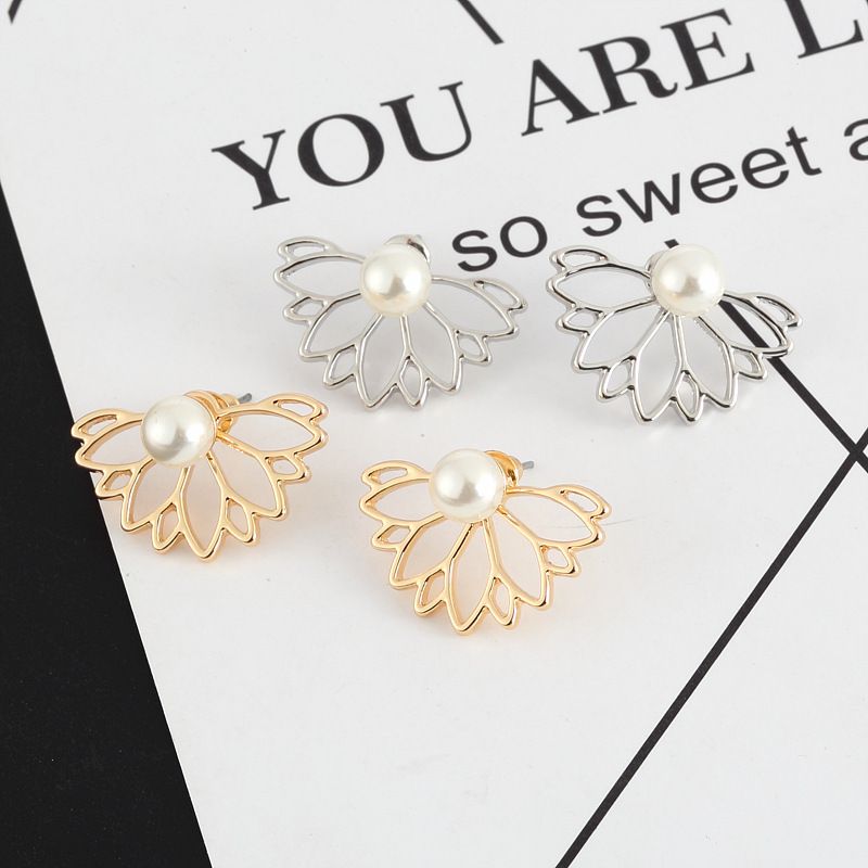 Fashion Niche Exaggerated Pearl Lotus Front And Back Style New Exquisite Ear Jewelry High-end Earrings_voghion.com