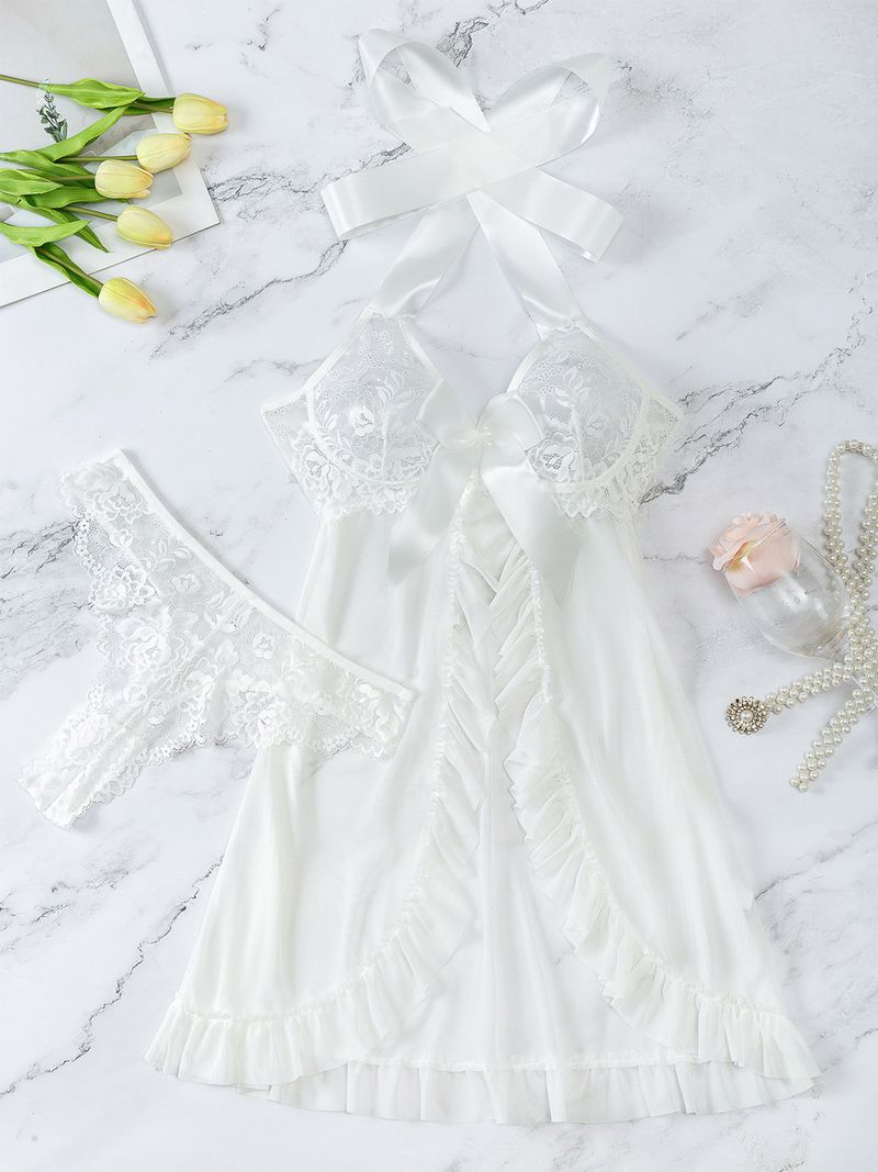 Set sexy e seducente con fiocco in pizzo e abito da bambola in prospettiva, abito pigiama molto venduto_voghion.com