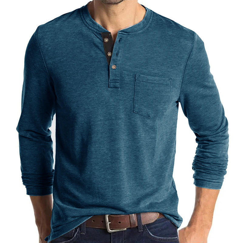 Henley-T-Shirts für Herren mit Knopfleiste, langen Ärmeln und Tasche, entspannte Passform, 100 % schwere Baumwolle_voghion.com
