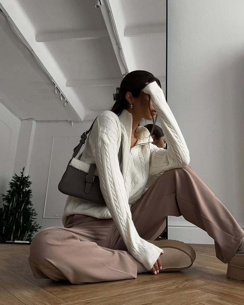 "Oversized-Strickpullover mit halbem Reißverschluss – Grobes Zopfmuster mit überschnittener Schulter (Creme, S-XL) | Streetwear & minimalistischer Stil"_voghion.com
