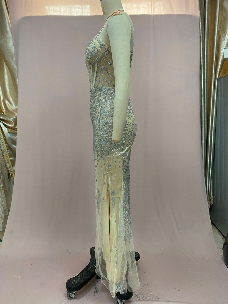 Abiti da ballo di lusso in cristallo 2025, sexy, con scollo a cuore, perline e paillettes, spacco, abito da sera, fatto a mano, da sposa._voghion.com