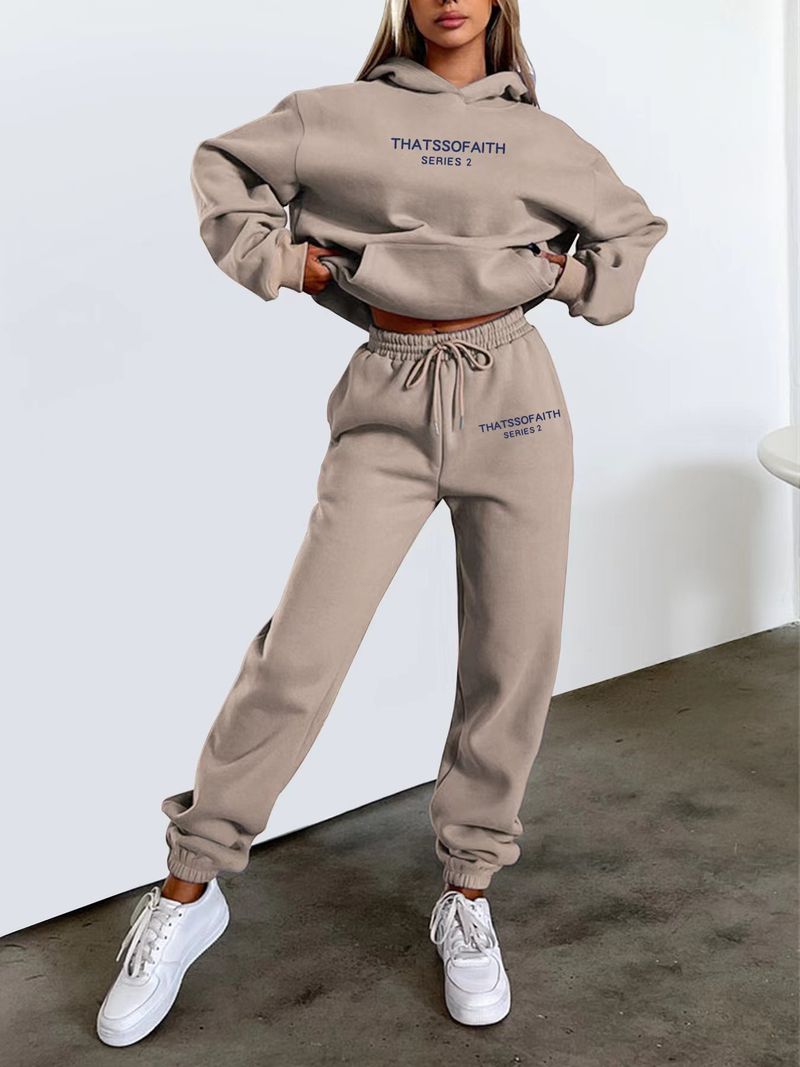 Felpa con cappuccio e stampa di lettere da donna, alla moda, casual, in pile, pantaloni, tuta_voghion.com
