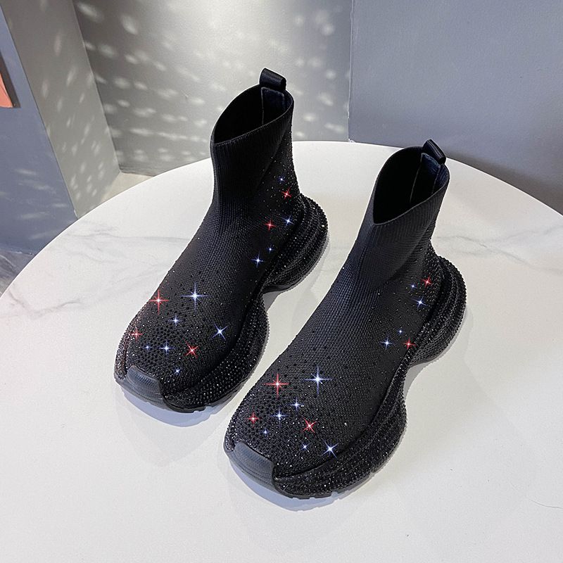 Gestrickte Sockenstiefel für Damen mit Strasssteinen, Slip-On-Sneakers mit dicker Sohle, atmungsaktive, elastische High-Top-Booties für Sommer, Frühling und Herbst_voghion.com