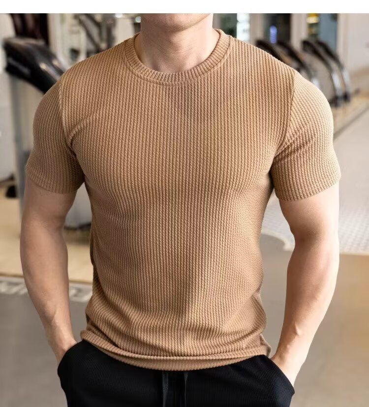 Men's Short-sleeved T-shirt Summer New Slim-fit Business Casual Fashion Versatile High-end Striped Crew Neck Bottoming Shirt_voghion.com