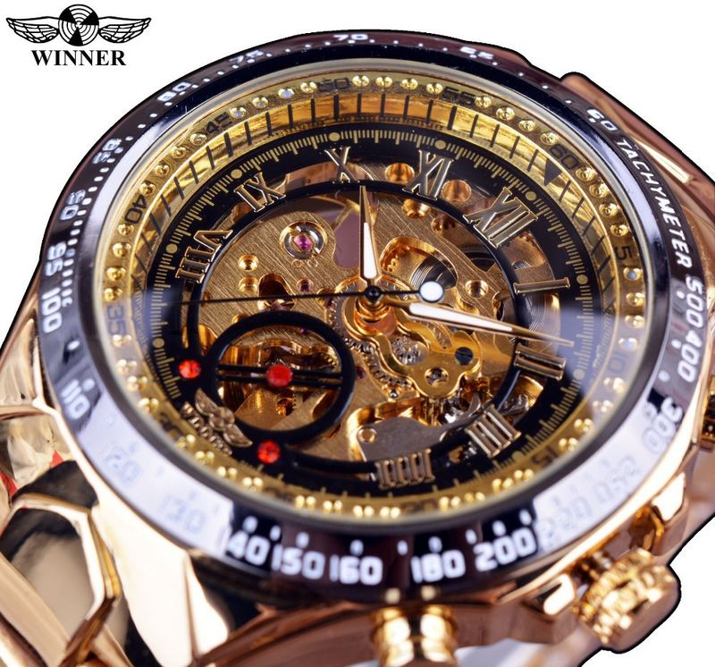 Men's Premium Gold-Toned Skeleton Automatic Mechanical Watch With Stainless Steel Band - 44mm Round Dial, Mineral Glass, Fold-Over Clasp Mechanical_voghion.com