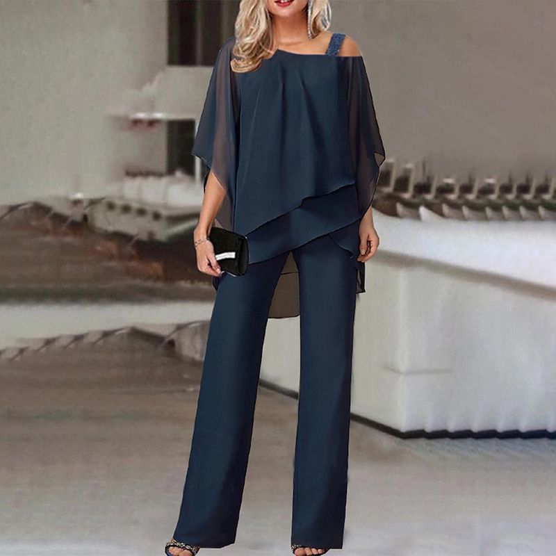 Elegante completo con camicetta e pantaloni con maniche a pipistrello - Completo da festa asimmetrico con spalle scoperte per donna_voghion.com