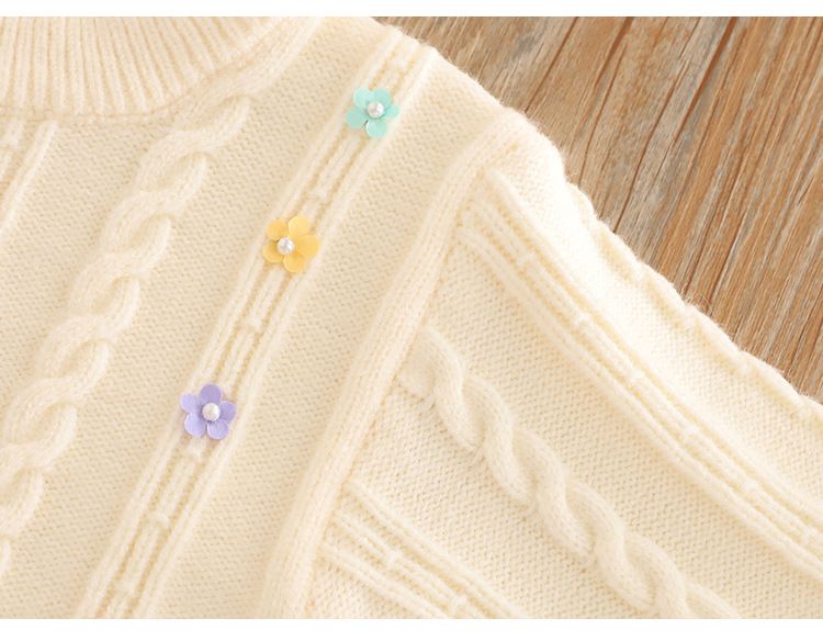Set aus Strickpullover und Schlaghose für Mädchen – Oberteil mit Boho-Blumenmuster + dehnbare Jogginghose, 3–8 Jahre (100–140 cm), Zartes Beige/Rosa/Weiß_voghion.com