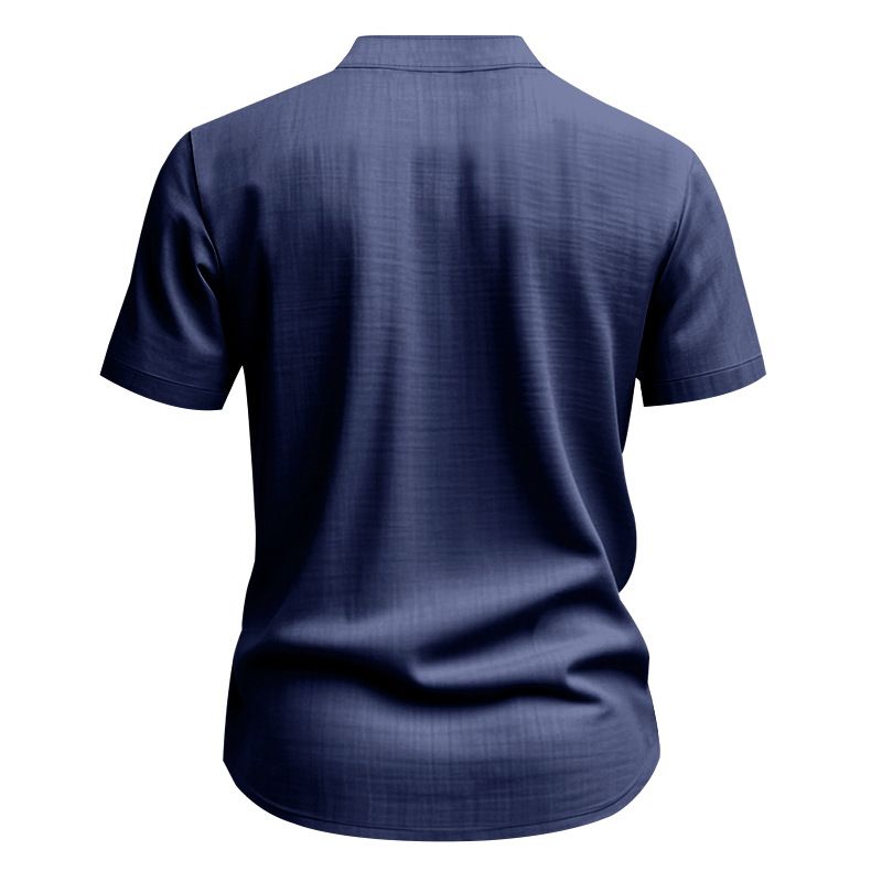 Camisa de lino de manga corta para hombre, nueva, de color liso, con cuello alto y bolsillo, holgada, informal_voghion.com