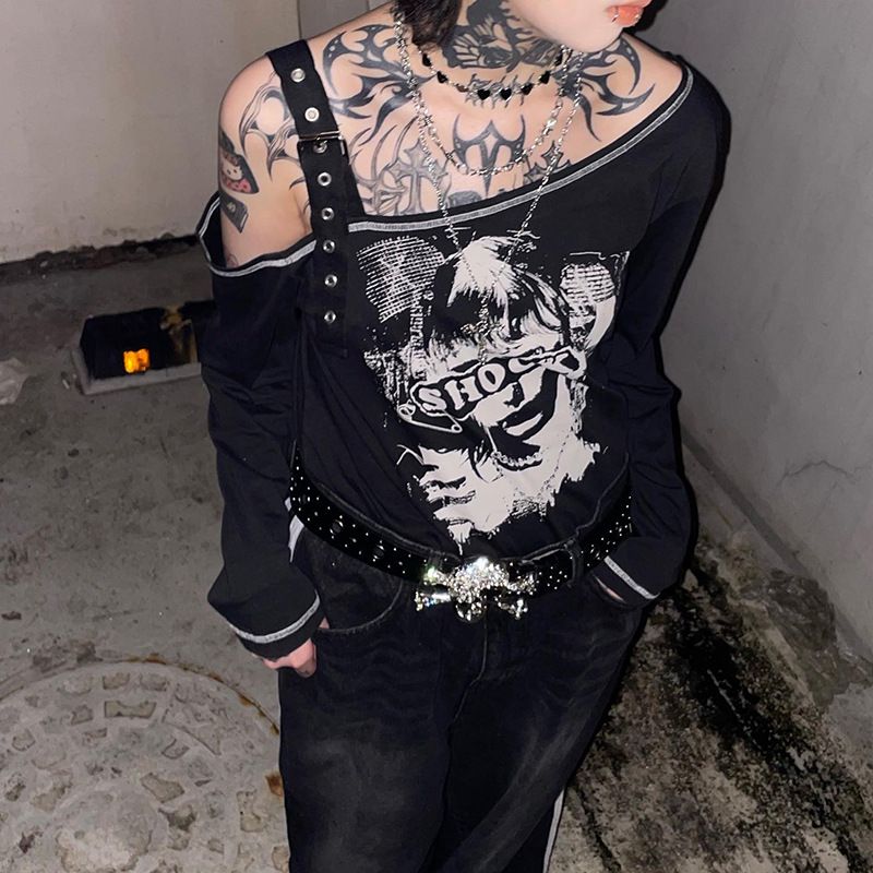 M22TP5482024 Haut imprimé Ceinture Boucle Sangle Épaule diagonale Un seul côté Manches 7/4 Vêtements pour femmes_voghion.com