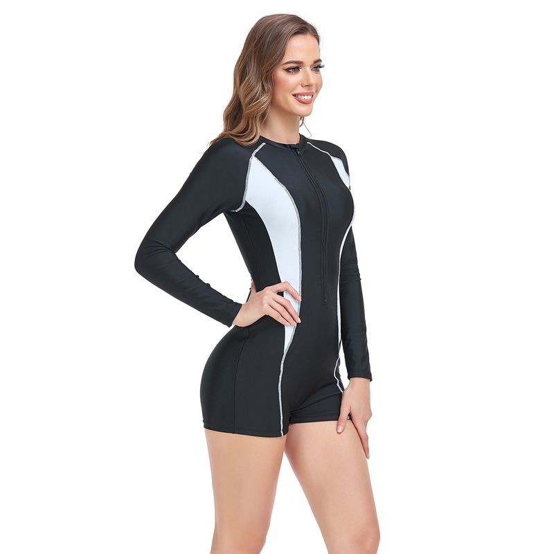 Damenbekleidung Neuer einteiliger Badeanzug für Damen, farblich passender, langärmliger Sonnenschutz, modischer Reißverschluss, konservativer großer Damen-Badeanzug_voghion.com