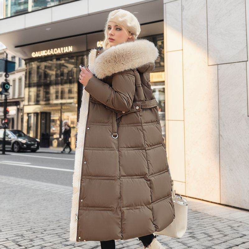 Slim Big Wool Collar Lengthened Clothing Women's Long Knee Belt Cotton Coat_voghion.com