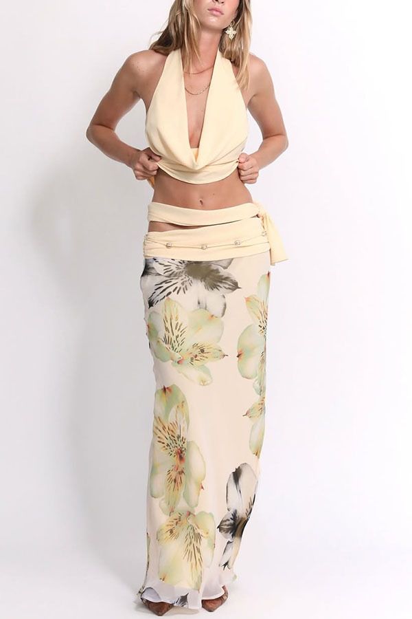 Kadın Giyim Seksi Sırtı Açık Halter Yaka Üst Slim Fit Baskılı Uzun Etek İki Parçalı Takım Elbise_voghion.com