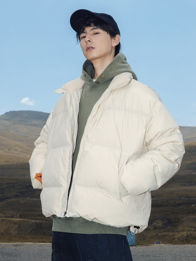 Trend hübsche Daunenjacke Männer kurze Polarfleece Stehkragen lose dicke warme weiße Entendaunen Brotmantel_voghion.com