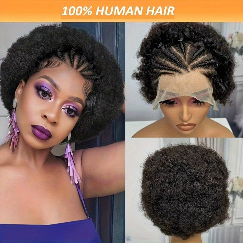 Marca MAKI, cabello humano 13*4, peluca de encaje, trenzas de cabello humano tejidas a mano + cabello afro esponjoso, 100% de cabello humano, diseño de moda_voghion.com