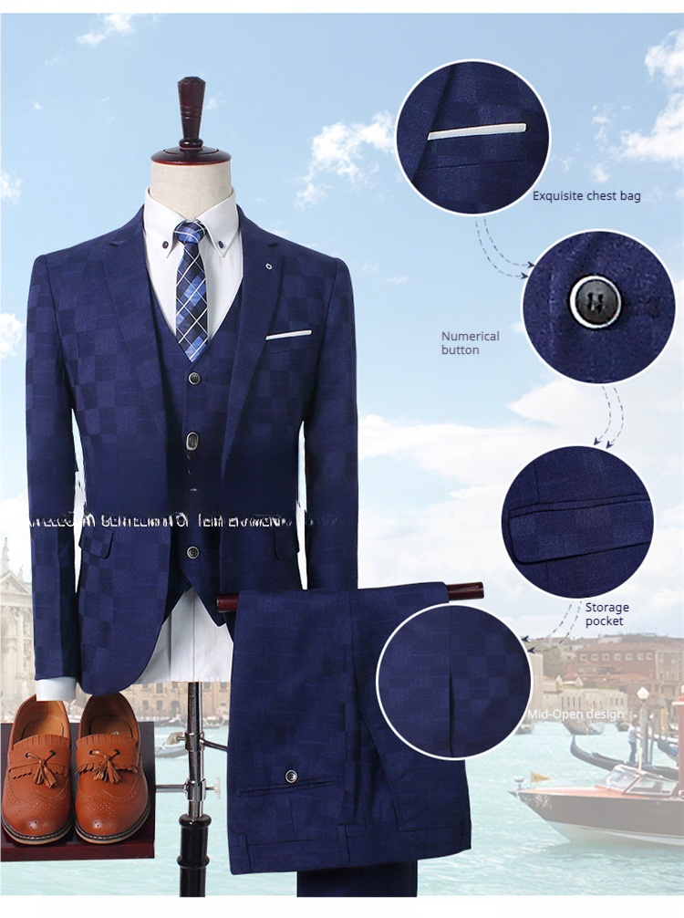 3-teiliger Herrenanzug, Anzug mit Karomuster, Maßanzüge, Herren Business, Casual, Slim Fit Bräutigam Bräutigam Hochzeitskleid (Oberteil, Hose, Weste)_voghion.com