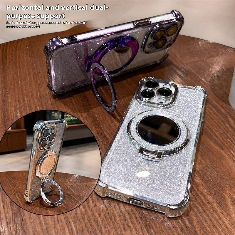 Glitter Mirror Magnetic Stand Case For IPhone 15/14 - Transparent Soft TPU With Reinforced Corners & Electroplated Finish_voghion.com